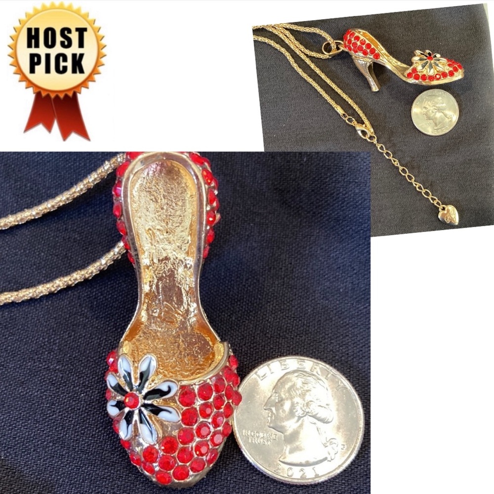 💼Large Red Heel Shoe with Daisy Red Rhinestones Pendant Necklace with Extender - Picture 1 of 4